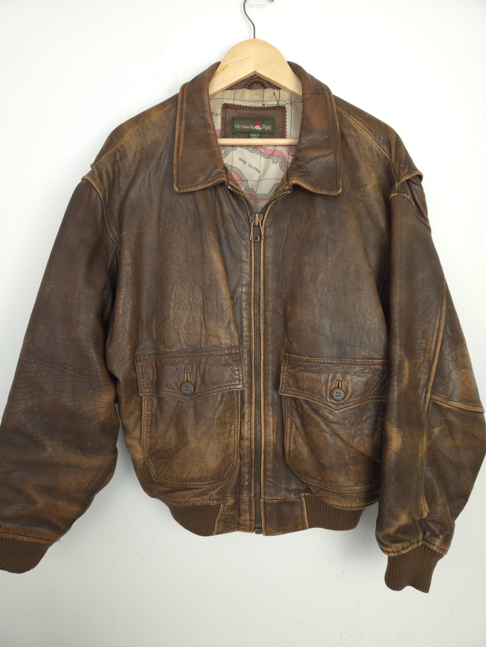 Vintage Outback Red Lambskin Leather Pilot Bomber Jacket Brown Map Lined Size L
